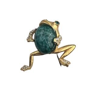 Tara Vintage Frog Brooch Fat Green Belly Gold Tone Green Eyed PIn